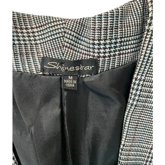 Shine Star Grey Micro Plaid Open Front Slouchy Blazer Functional Pockets Medium - Picture 8 of 10